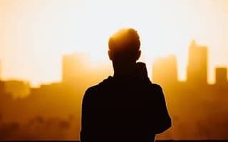 A person looking toward a city skyline at sunset