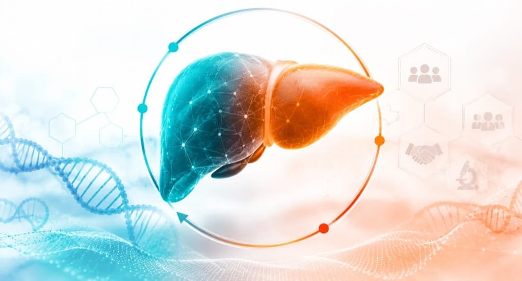 Stylized human liver with an AI network and DNA strands representing HelioLiver AI-based detection