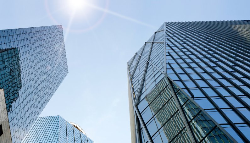 Modern corporate skyscrapers viewed from below