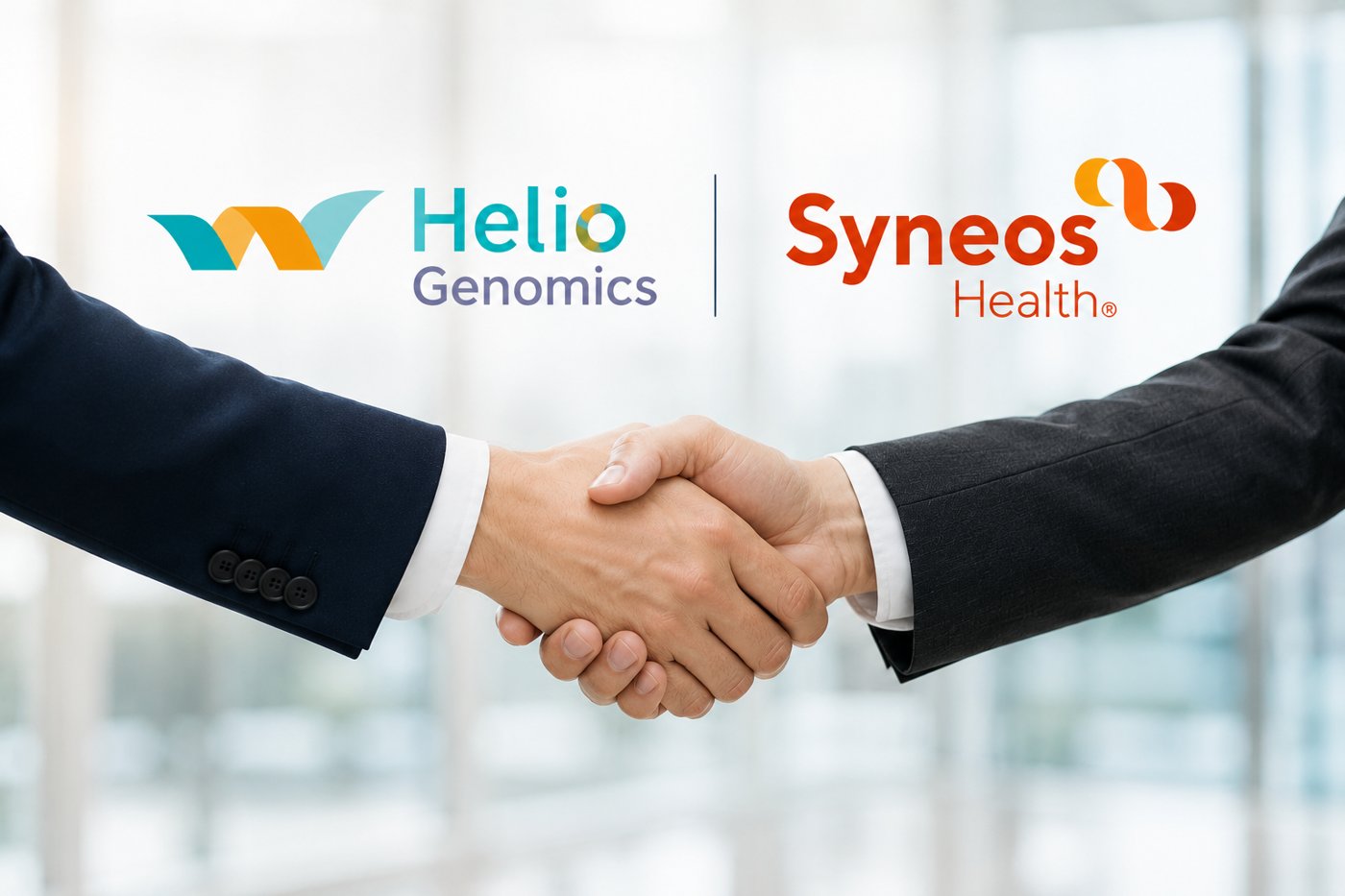 Helio Genomics and Syneos Health handshake, representing their commercial partnership