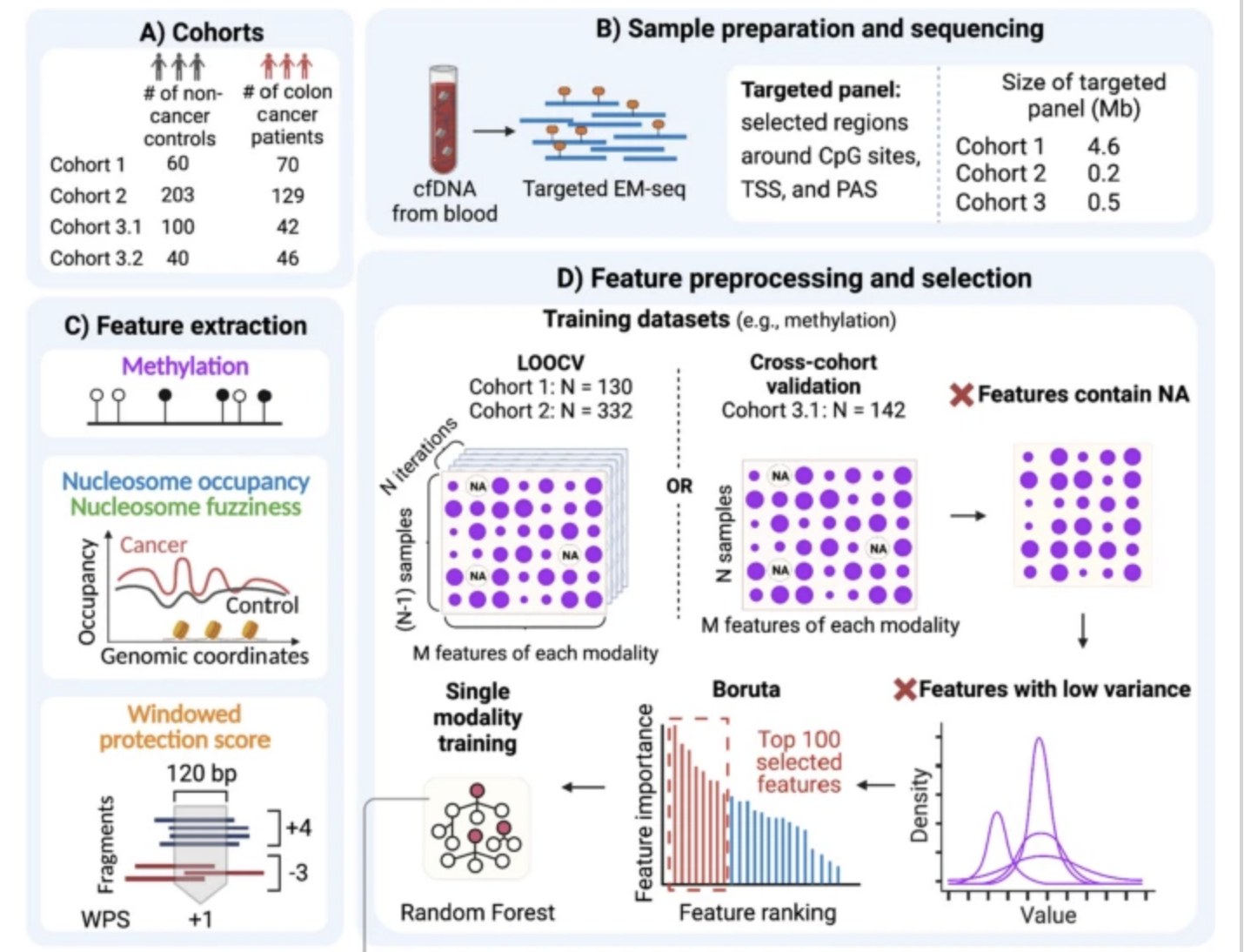MESA study workflow: cohorts, cfDNA sample preparation and sequencing, epigenetic feature extraction, and feature selection