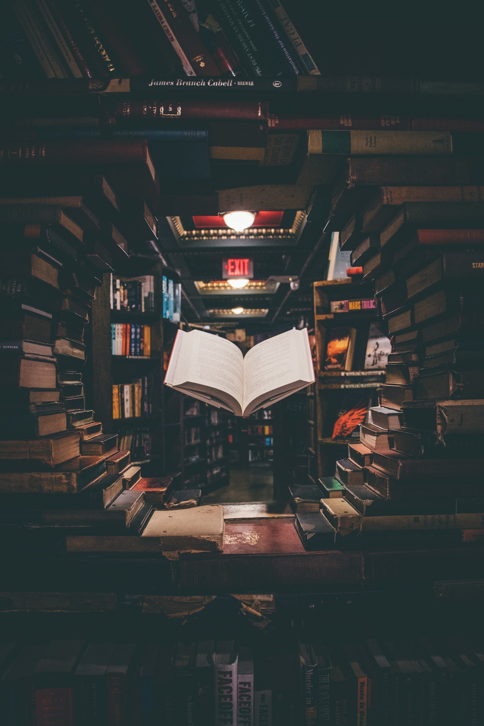 An open book floating in a library of books