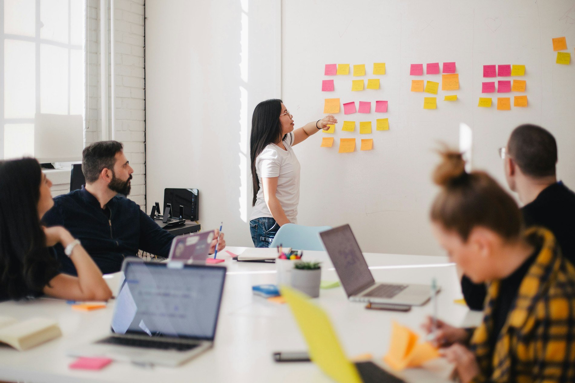 A team collaborating on innovation with sticky notes