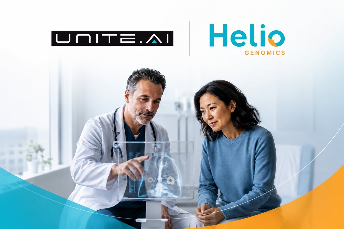 Unite.AI and Helio Genomics: a physician reviews a transparent diagnostic display with a patient